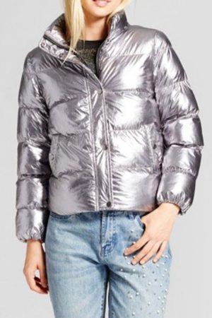 Metallic Silver Poly Puffer Jacket
