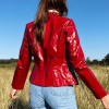 Women Red Full Zipper Leather Jacket