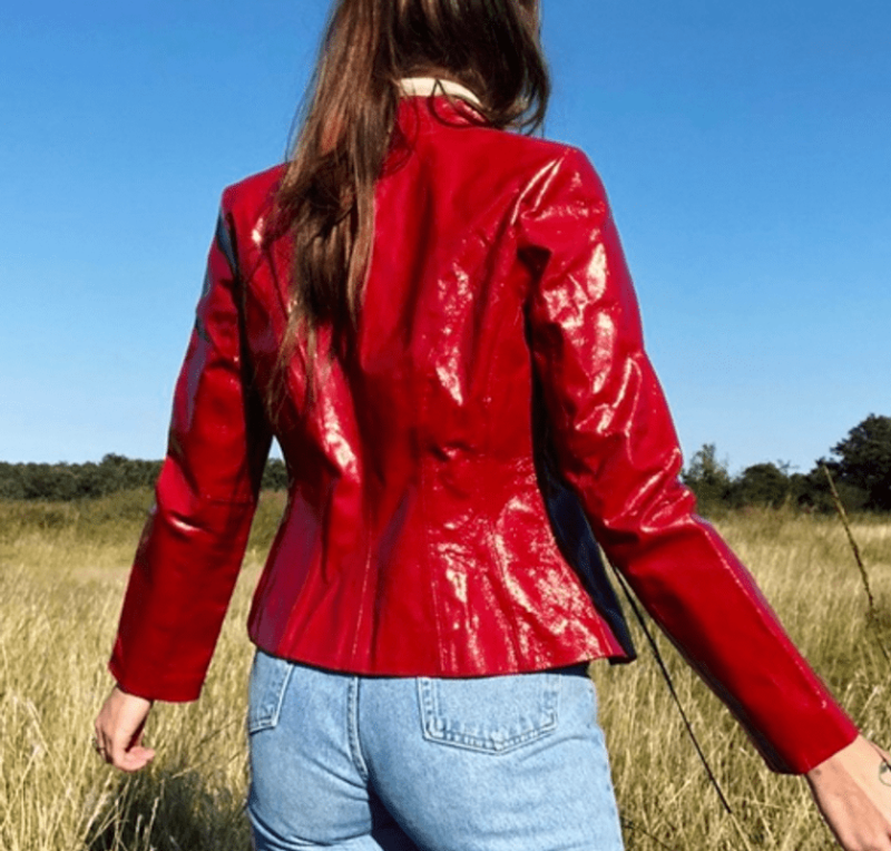 Women Red Full Zipper Leather Jacket