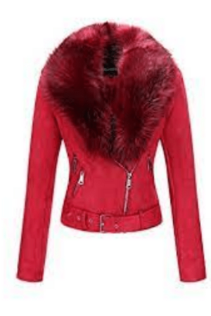 Red Leather and Fur Belted Jacket