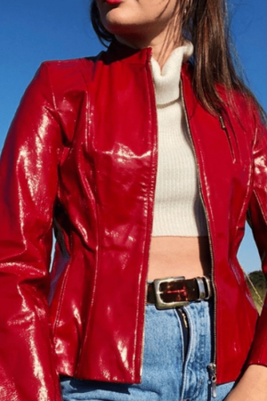 Women Red Full Zipper Leather Jacket