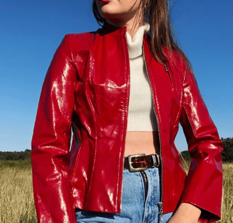 Women Red Full Zipper Leather Jacket