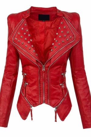 Women Studded Red Leather Jacket