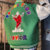 Back view of Sports Leisure Wool Baseball Green Jacket