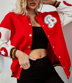 Letter Patched Striped Trim Shoulder Jacket