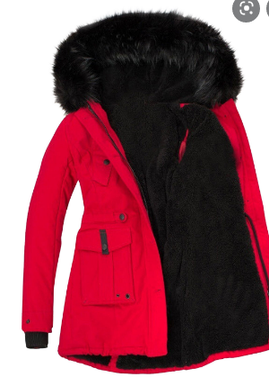 Fur Hooded Red Polyester Jacket