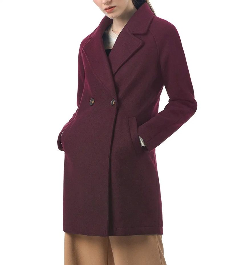Women’s Notched Double Breasted Burgundy Coat