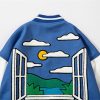 Blue Butterfly Embroidery polyesetr Varsity Jacket