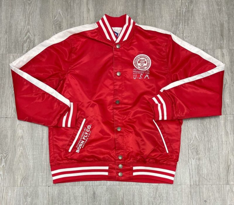 Born Fly Red Satin Bomber Jacket 