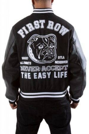 Back view o f First Row Black Varsity Jacket
