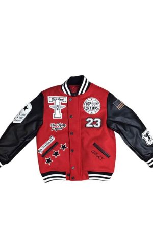 Flying Legend Woolen PU Red Bomber Jacket 