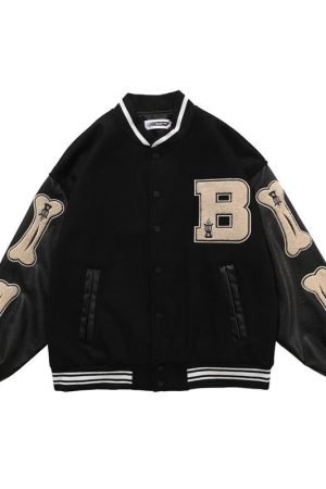 Furry Patchwork Black Varsity Bomber Jacket