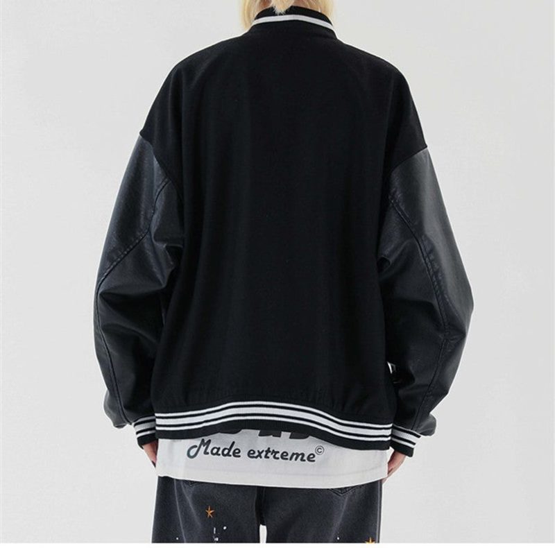 Furry Patchwork Black Woolen Varsity Bomber Jacket