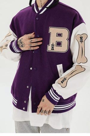 Furry Patchwork Purple Varsity Bomber Jacket