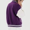 Furry Patchwork Purple Woolen Varsity Bomber Jacket
