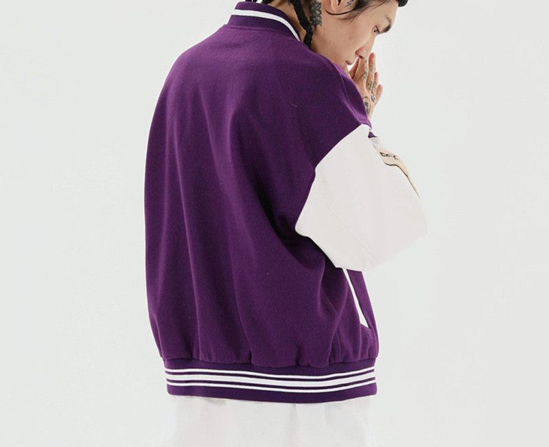 Furry Patchwork Purple Woolen Varsity Bomber Jacket