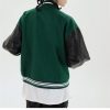 Furry Patchwork Woolen Varsity Bomber Green Jacket