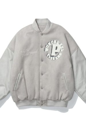 Gray Chamois Suede Polyester Varsity Jacket
