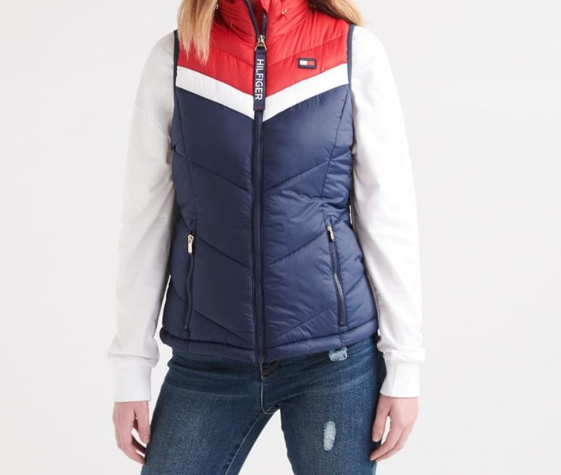 Two-Tone Puffer Varsity Chevron Blocked Vest 