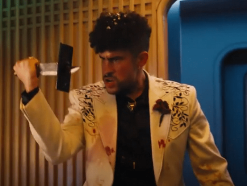 bullet train Bad Bunny white blazer