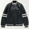 Homme Striped Black Leather Bomber Jacket