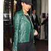 Rihanna Green Biker Leather Jacket side look