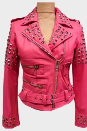 Womens Pink Biker Golden Studded Jacket
