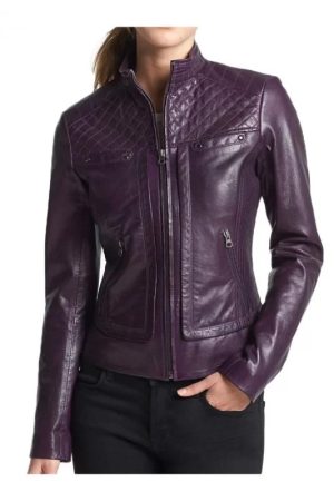 Womens Quilted Purple Leather Biker Jacket
