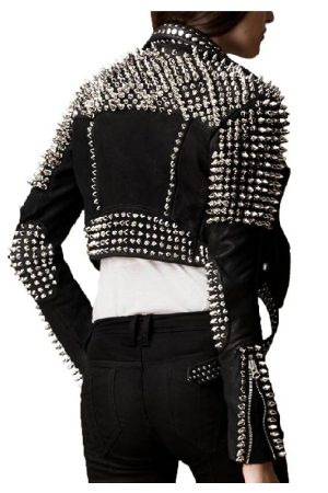 Womens Silver Studded Cropped Leather Jacket