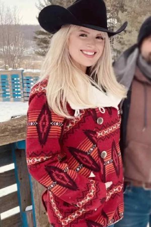 Katie Valentine Movie Cupid’s Christmas 2022 Marla Moore Red Shearling Jacket