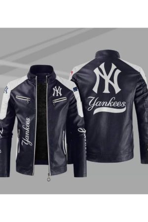 New York Yankees Block Blue White MLB Leather Jacket