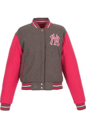 New York Yankees Pink Gray Wool Snap Varsity Jacket