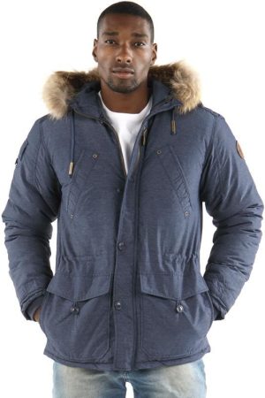 Pelle Pelle Mens Signature Navy Blue Fur Hooded Wool Jacket