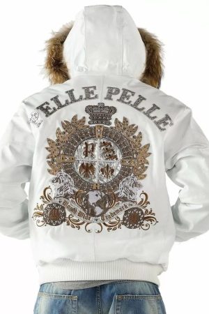 Pelle Pelle White Hooded Fur Studded Jacket