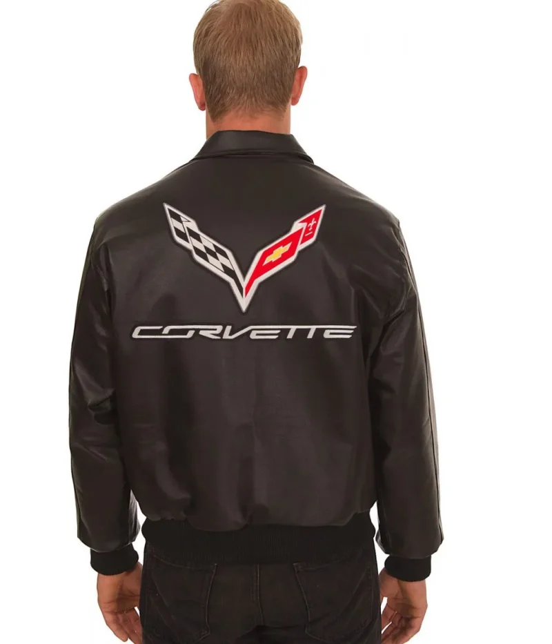 Corvette Embroidered Shirt Collar Black Leather Jackets