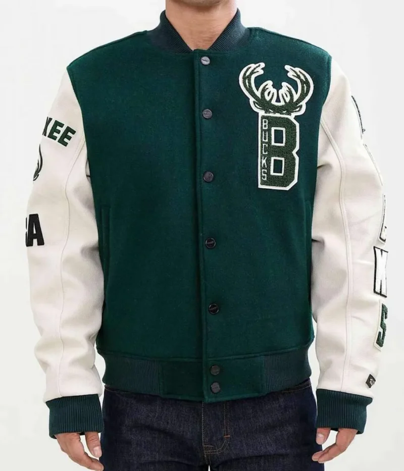 Letterman Milwaukee Bucks Green and White Jacket
