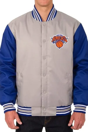 NY Knicks Gray and Royal Varsity Poly Twill Jacket