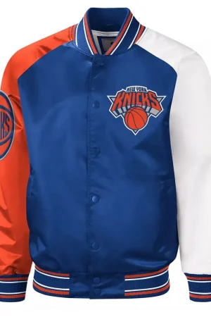 NY Knicks Reliever Raglan Royal Blue and Orange Satin Jacket