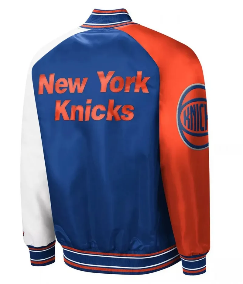 NY Knicks Reliever Raglan Royal Blue and Orange Satin Jackets