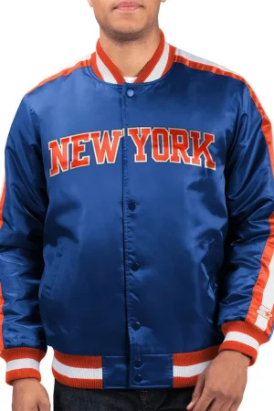 NY Knicks Varsity Striped Blue Satin Jacket