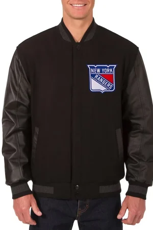 NY Rangers Two Hit Charcoal & Black Varsity Jacket
