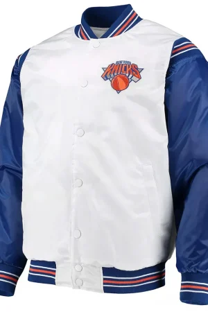 New York Knicks Renegade White & Blue Varsity Satin Jacket