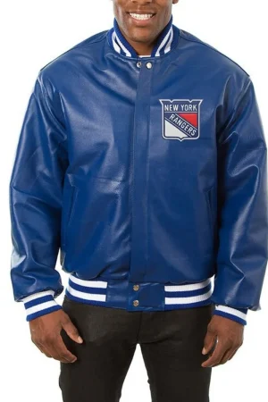New York Rangers Varsity Bomber Blue Leather Jacket