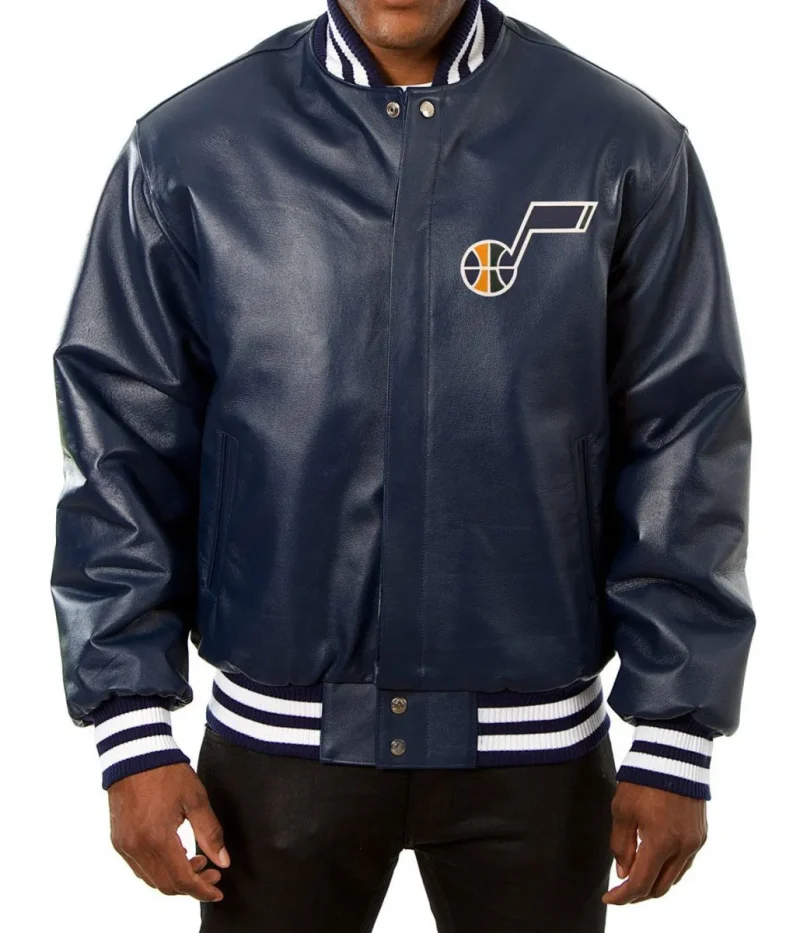 Varsity Utah Jazz Navy Blue Leather Jacket