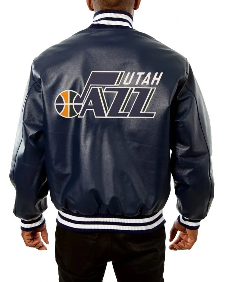 Varsity Utah Jazz Navy Blue Leather Jackets