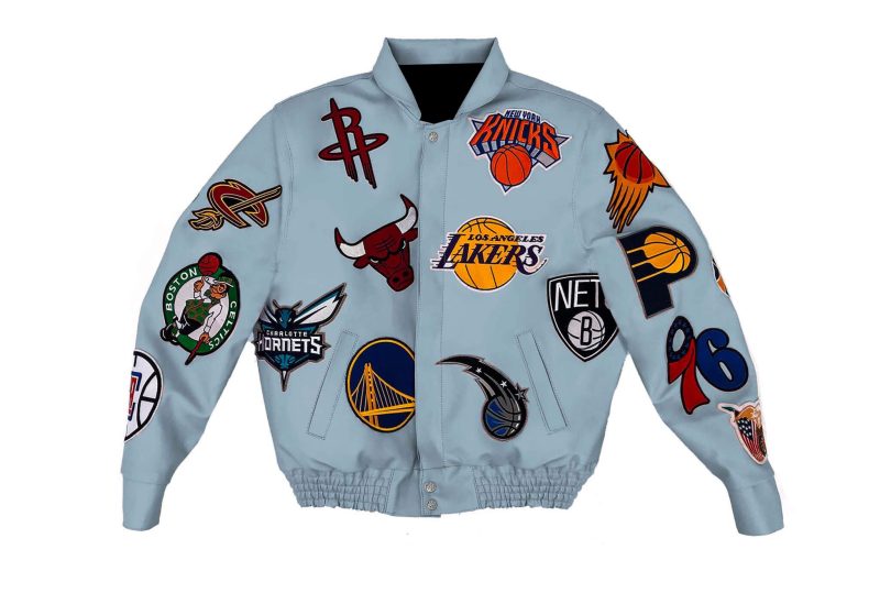 Baby Blue NBA Team Collage Jeff Hamilton Leather Jacket
