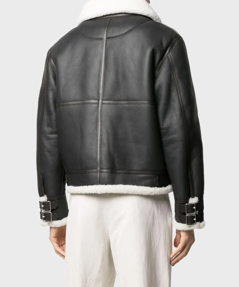 Black Genuine Leather Men’s White Shearling Collar Jacket