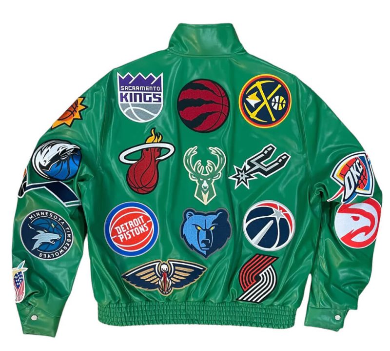 Green NBA Team Collage Jeff Hamilton Leather Jacket