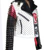 White Black And Red Studded Patches Leather Jacket