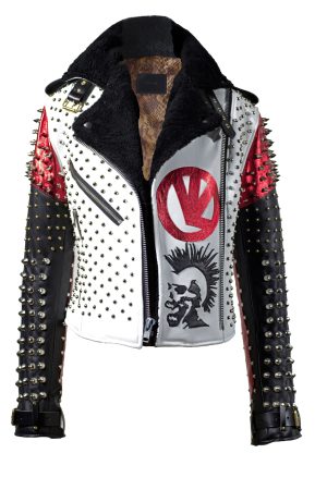 White Black And Red Studded Patches Leather Jacket